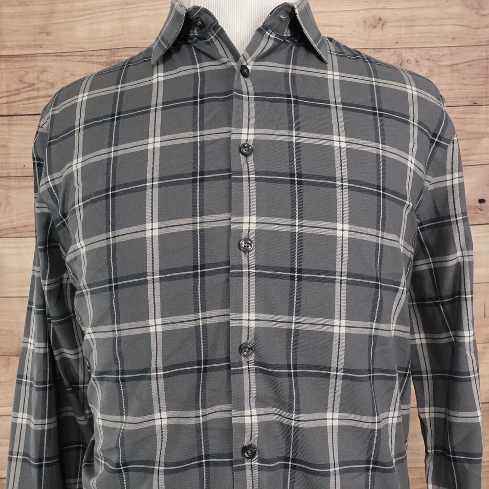 Express Shirt Mens L Gray Plaid Long Sleeve Button-Up Slim 1MX Stretch Casual